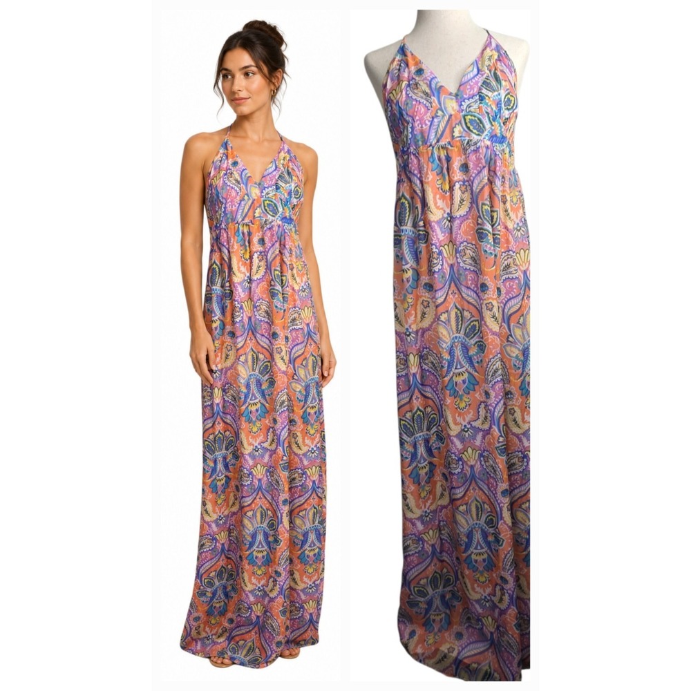MM Couture 100% SILK Boho Paisley Halter Maxi Dress SZ L Flowy Resort ‎ Beachy